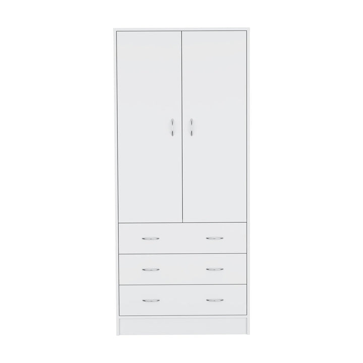 Latest white wardrobe design with two doors and three drawers on a white background