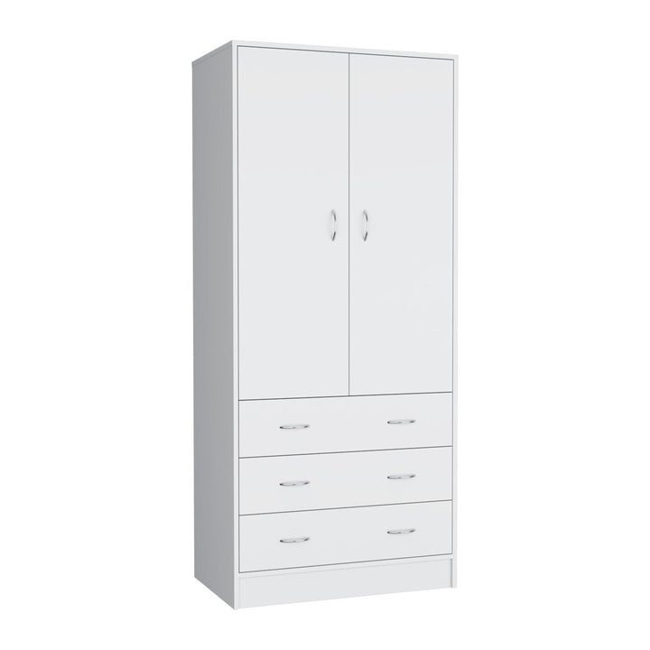 White wardrobe design with two doors and three drawers on a white background
