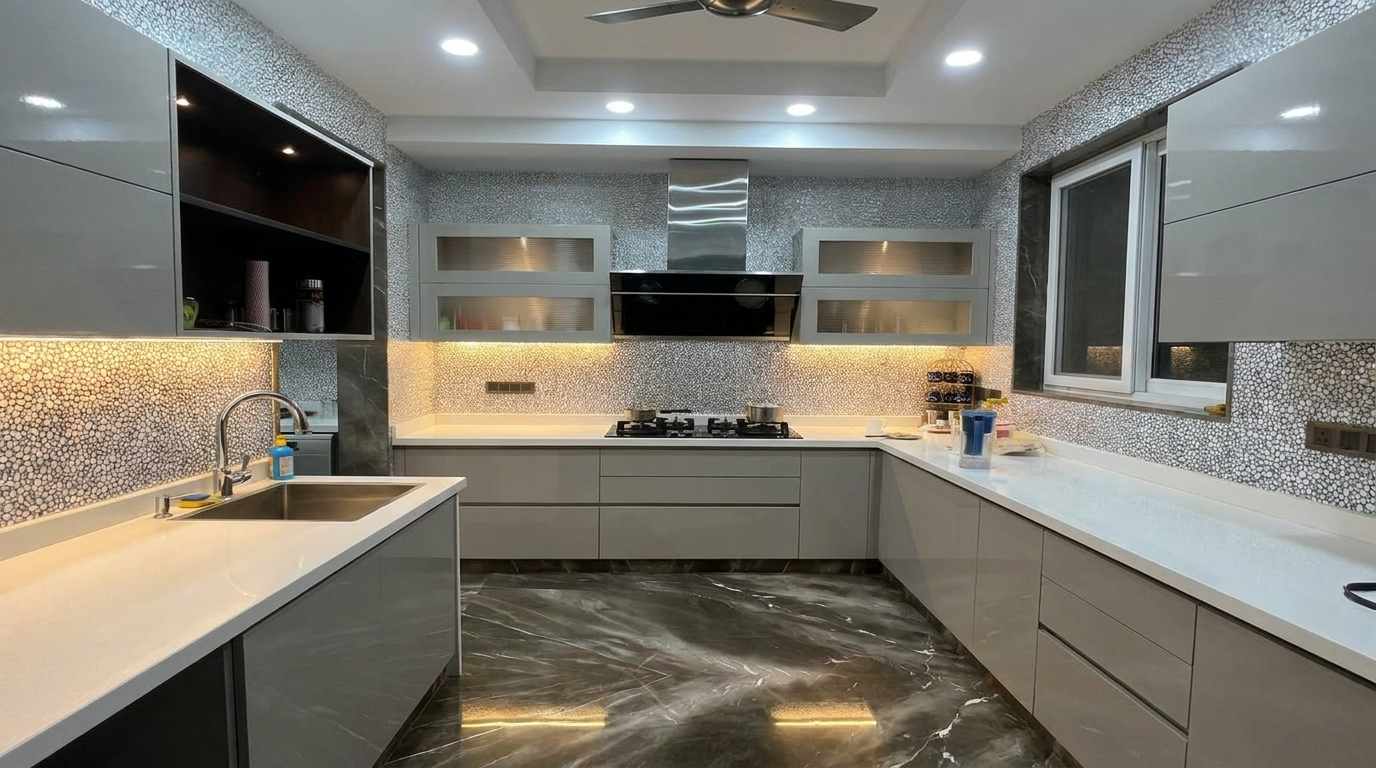 Modern kitchen with white cabinets, marble countertop, and tiled backsplash perfect for noida apartment
