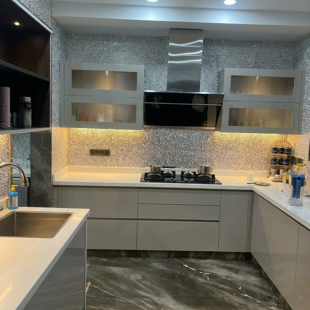 Modern kitchen in noida with stainless steel appliances and tiled backsplash