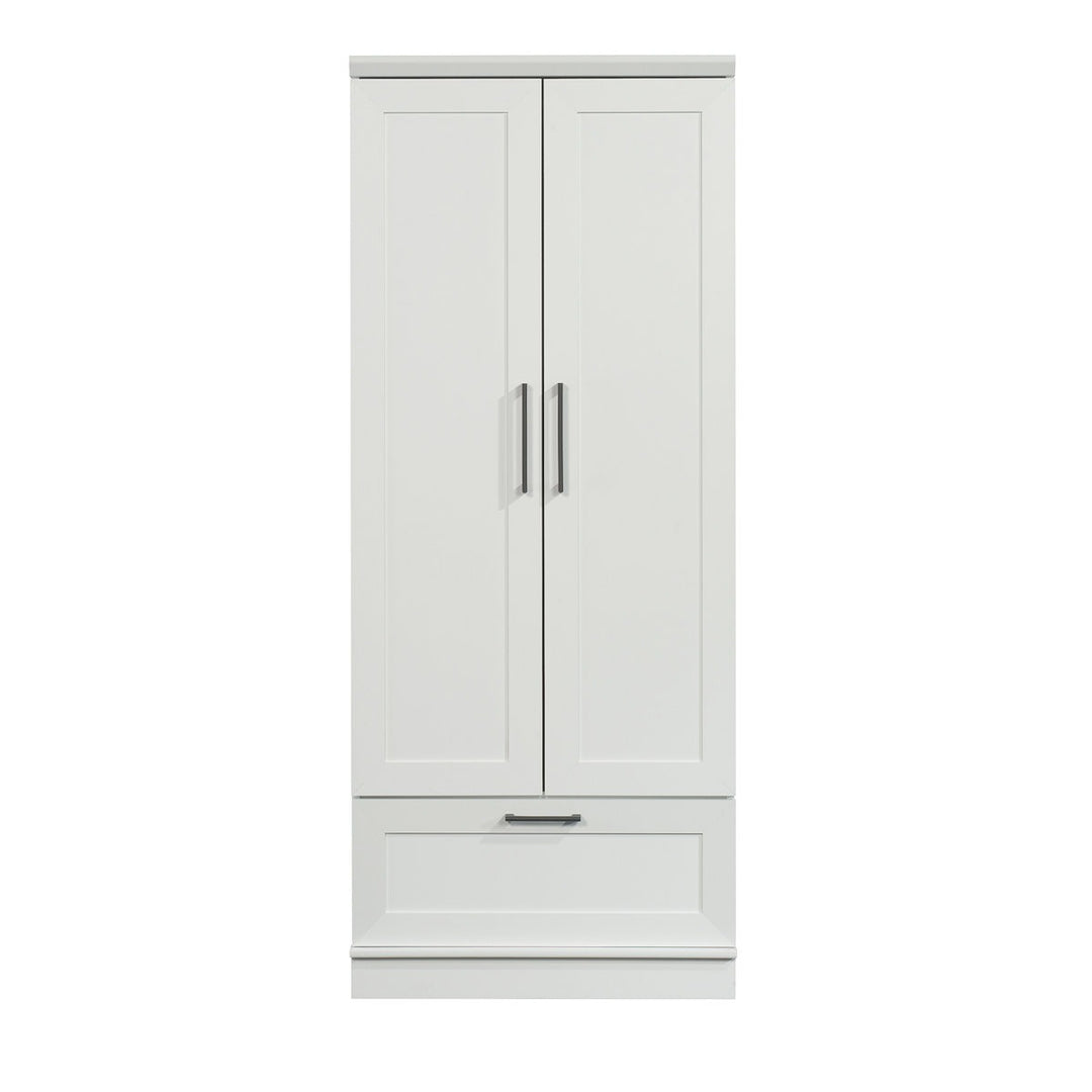 White wardrobe with two doors and a drawer on a white background