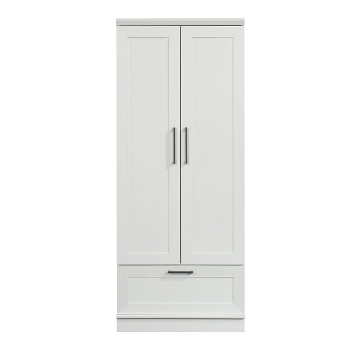 White wardrobe with two doors and a drawer on a white background