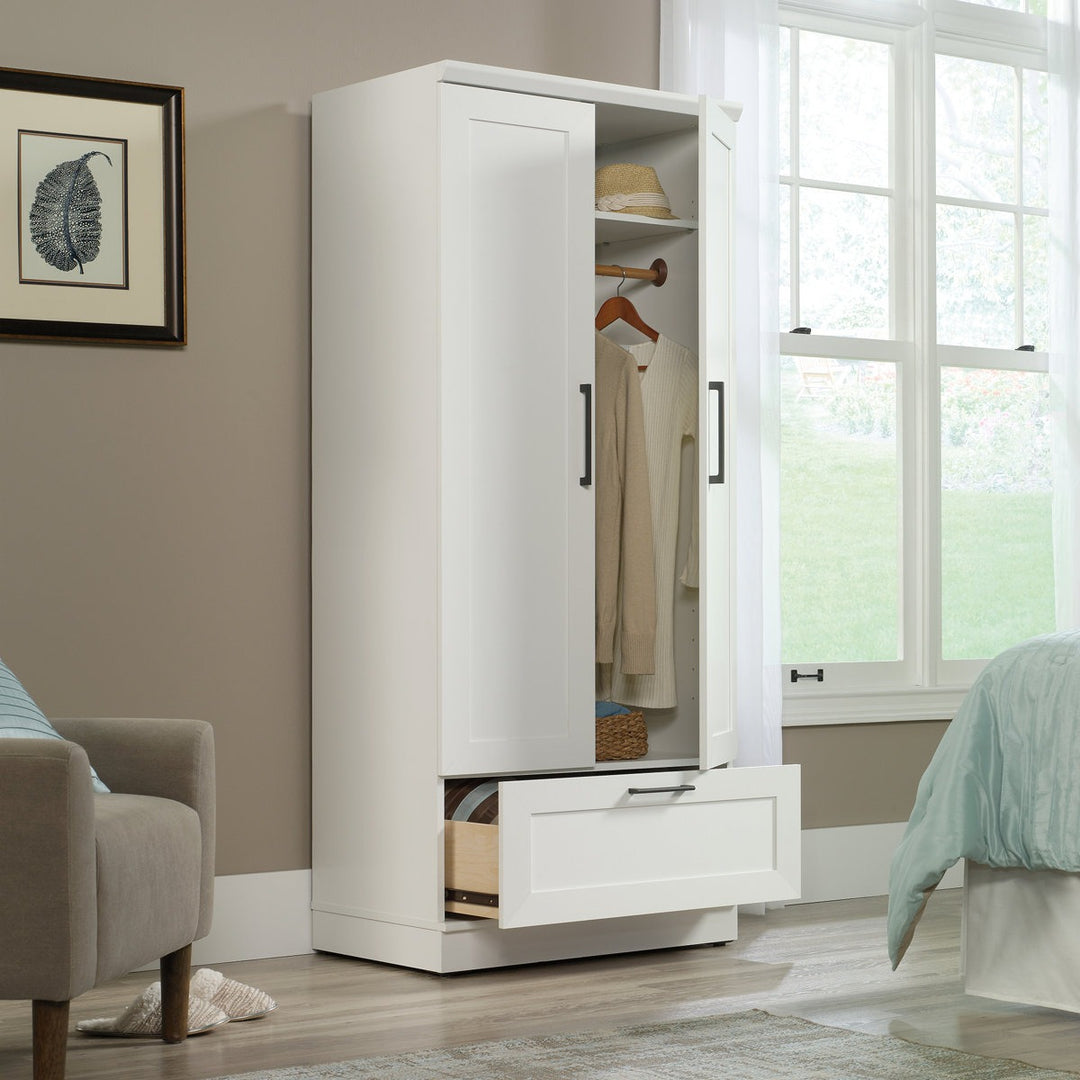 Premium white 2-door wardrobe with open doors in a bedroom setting