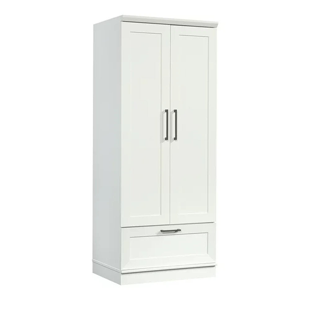 White wardrobe with two doors and a drawer on a white background