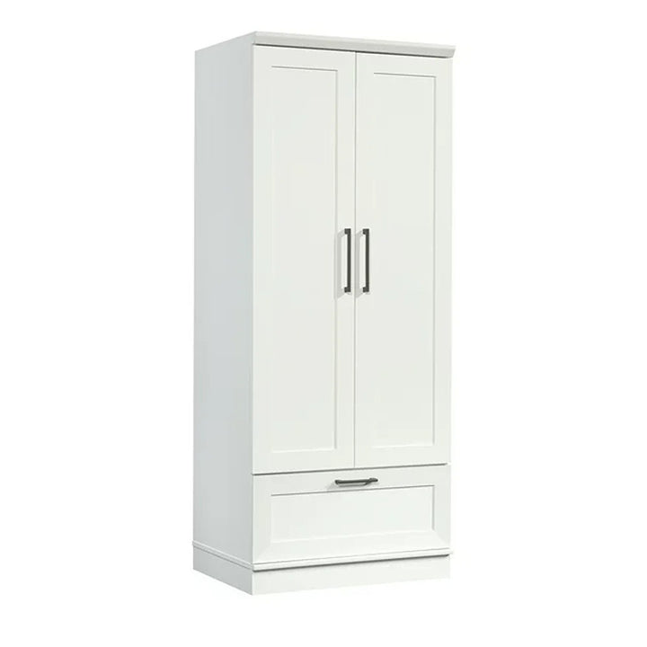 White wardrobe with two doors and a drawer on a white background