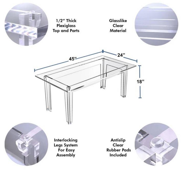 Stylish clear table with interlocking legs system, rubber pads, thick plexiglass