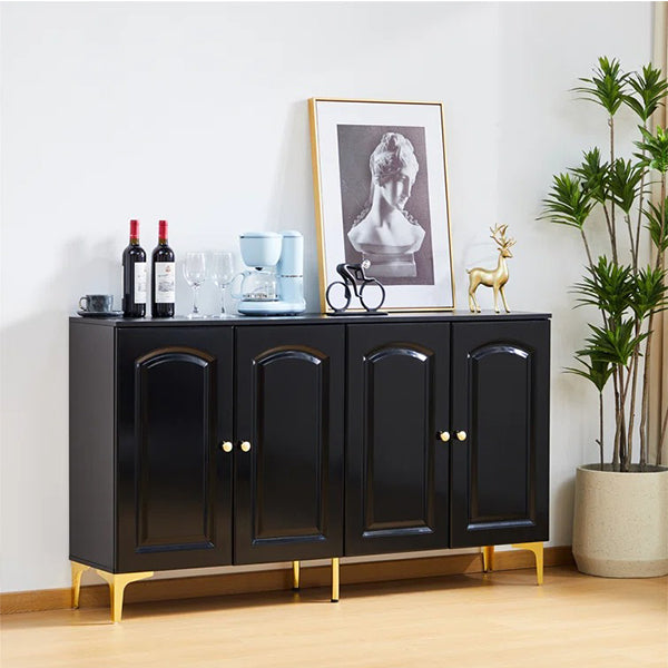 A small black sideboard with gold-colored metal legs, featuring a PU paint finish, metal accents, and glassware on top.