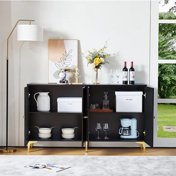 Premium black sideboard cabinet with open doors