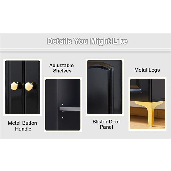 Modern black sideboard with metal button handle, metal legs, blister door panel and adjustable shelves