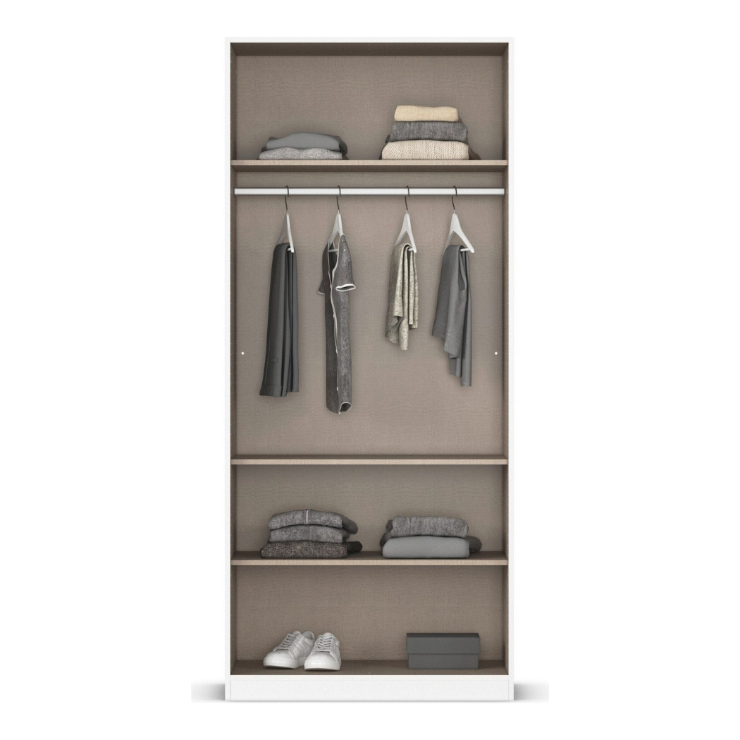 Open Hidan 2-door black gloss wardrobe revealing four internal shelves and oval hanging rod