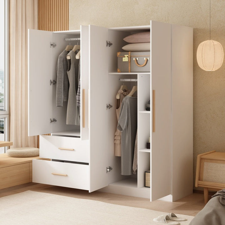 Open Harcul wardrobe revealing interior storage: dual hanging rods, drawers, and multiple compartments.