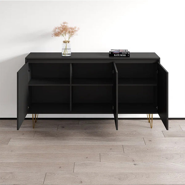 black sideboard open to display inner storage compartments and shelving