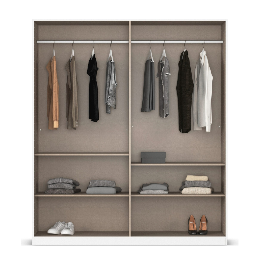 Modern white gloss wardrobe interior showing organized layout with shelves and garment hanging space