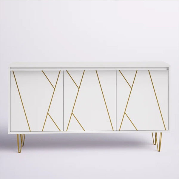 White sideboard cabinet with golden hairpin legs on a white background