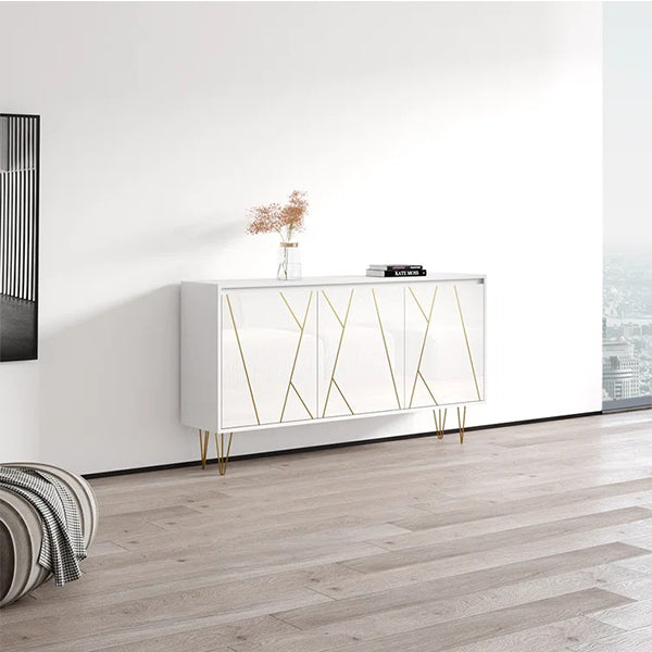 Luxury white pu finish sideboard with asymmetric golden design placed against white wall 