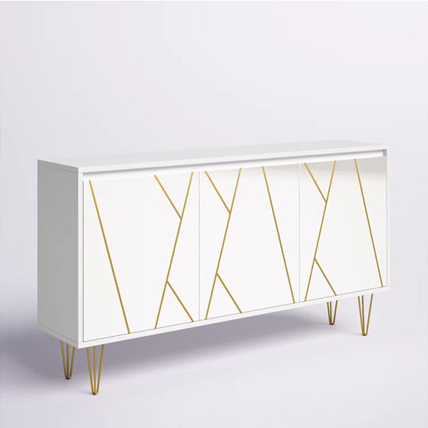 White finish sideboard  cabinet with asymmetric design on a white background
