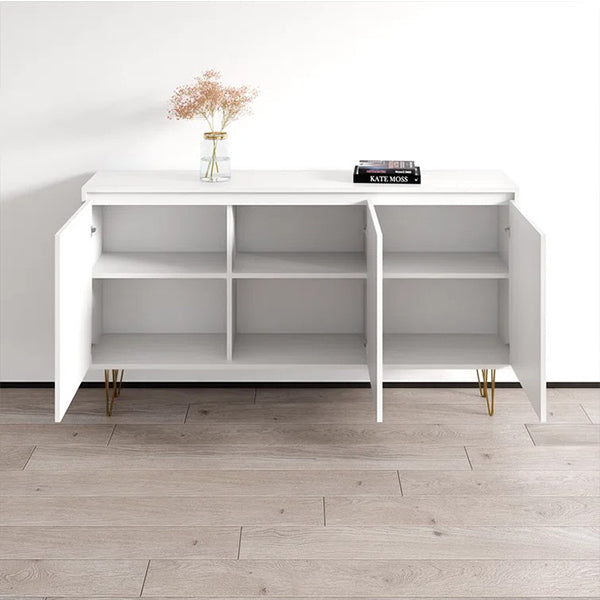 Modern white sideboard with open doors to show inner space