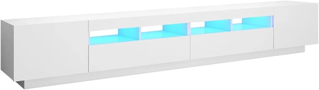 Stylish white tv stand with 4 open shelves and 4 openable shutters