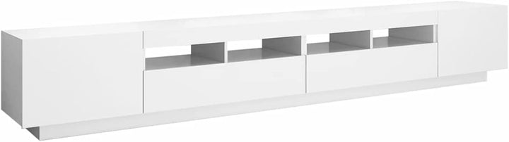 modern white tv stand with 4 open shelves and 4 openable shutters on a white background