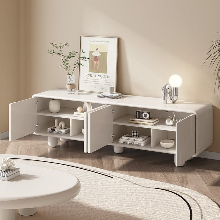 White high-gloss tv unit crafted from high-quality mdf with push-to-open doors