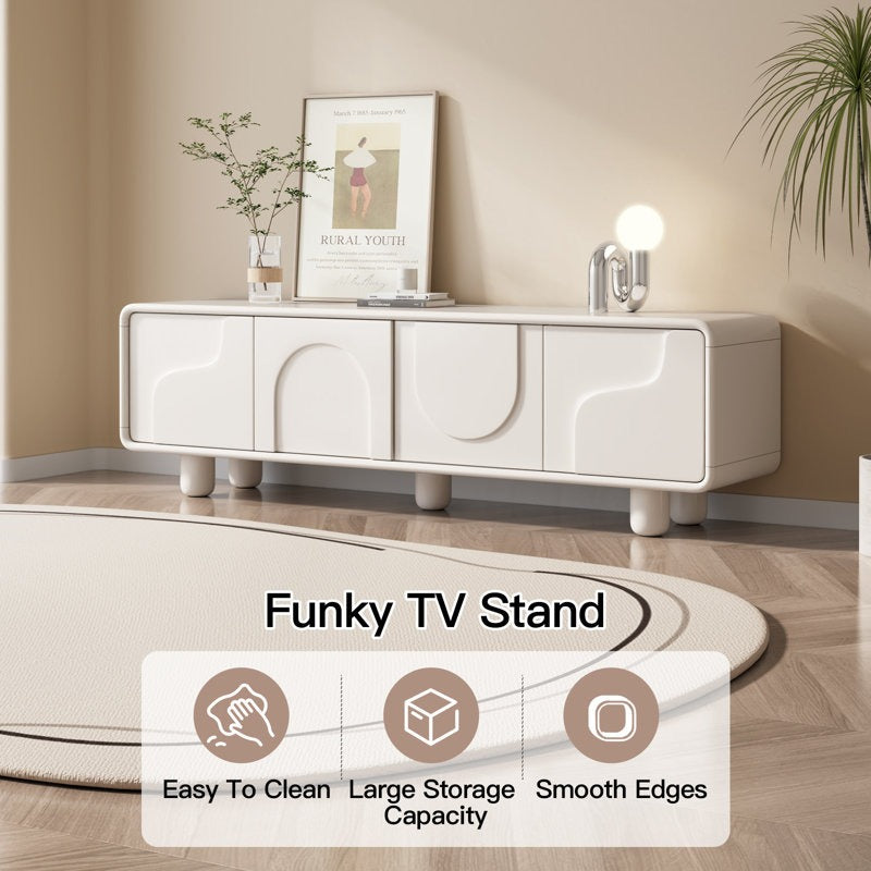 The white PU finish tv unit is easy to clean with smooth edges