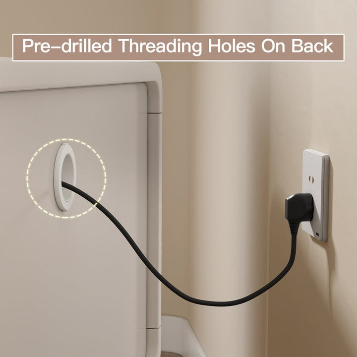 The white TV unit features pre-drilled holes on the back.