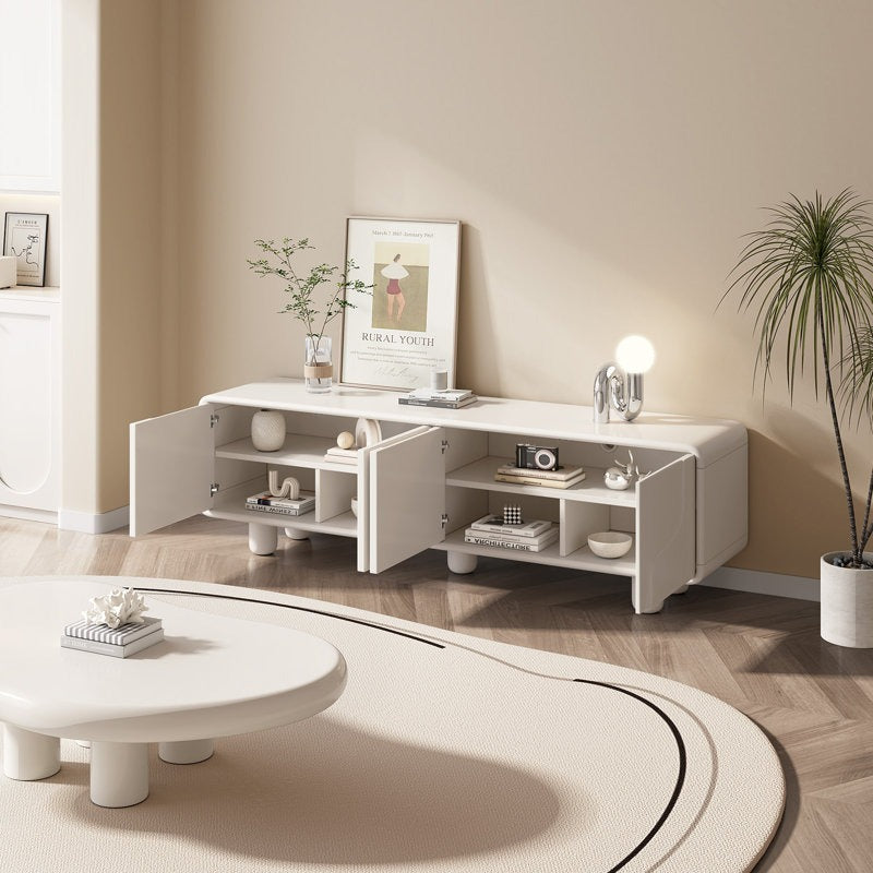 white minimalist tv unit in modern living room