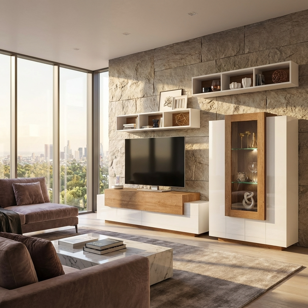 Luxury living room with stone wall, modern white and walnut TV, and furniture