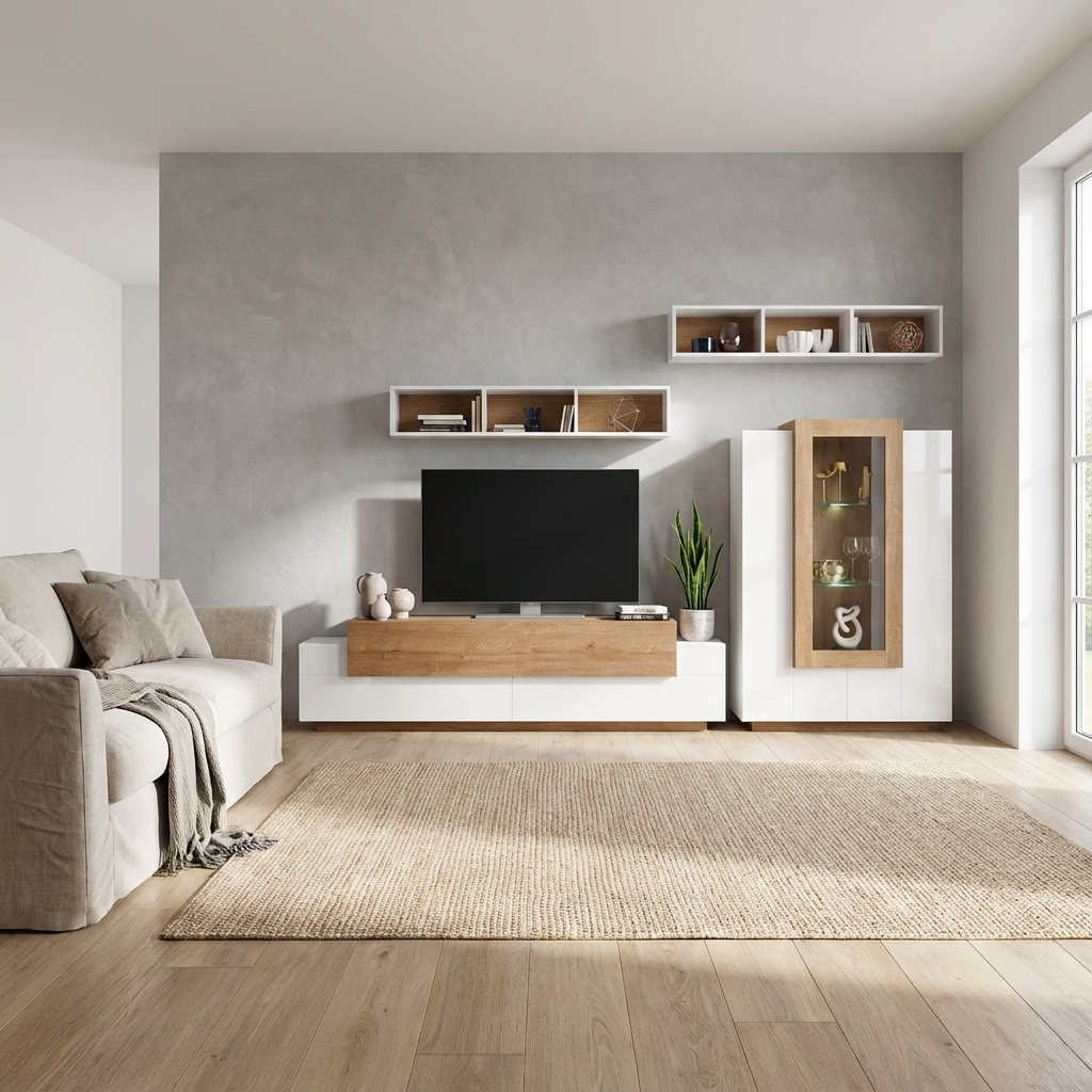 Modern living room with a white and walnut TV stand, shelves, and a sofa.