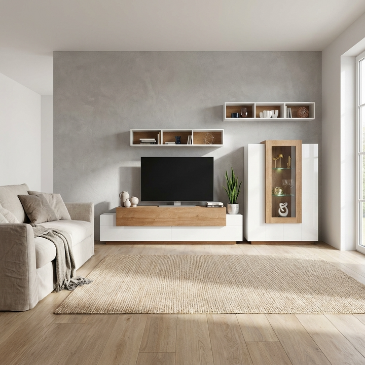 Modern living room with a white and walnut TV stand, shelves, and a sofa.
