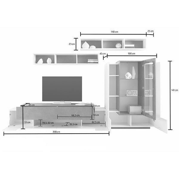 dimension modern white and walnut tv unit set on a white background