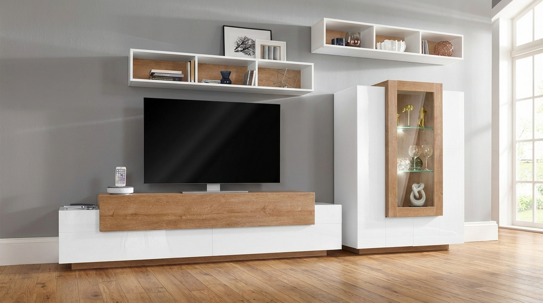 Modern living room with a luxury TV and wooden entertainment unit.