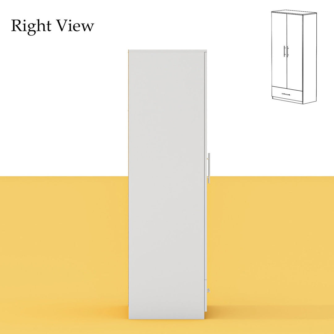 White cabinet on a yellow background with 'Right View' text and an inset diagram.