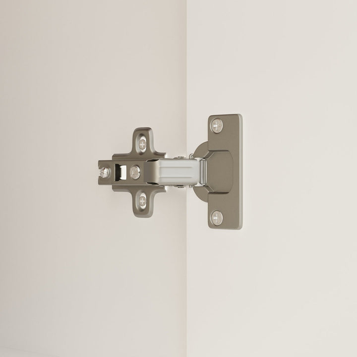 Metal door hinge on a neutral background