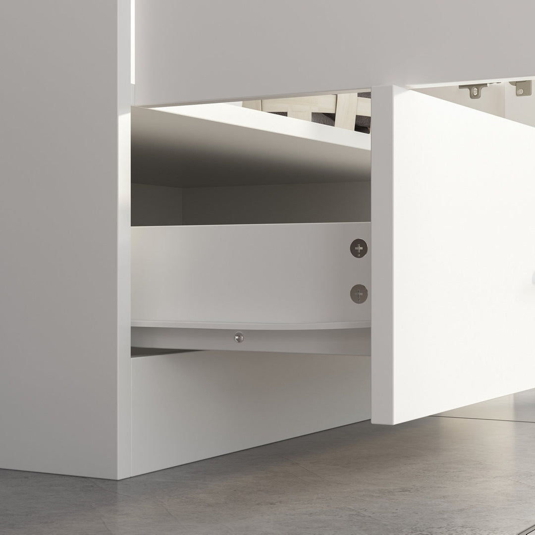 White cabinet with open door on a grey floor and wall background