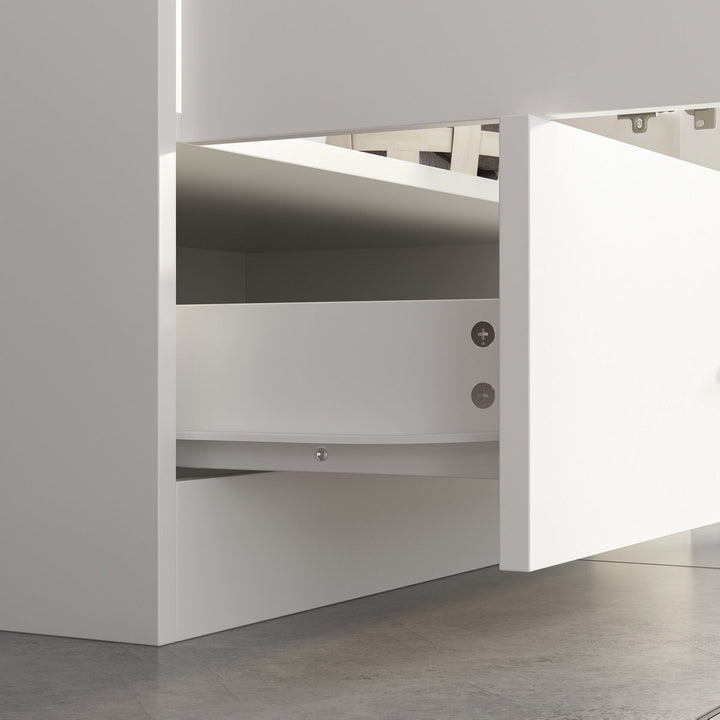 White cabinet with open door on a grey floor and wall background