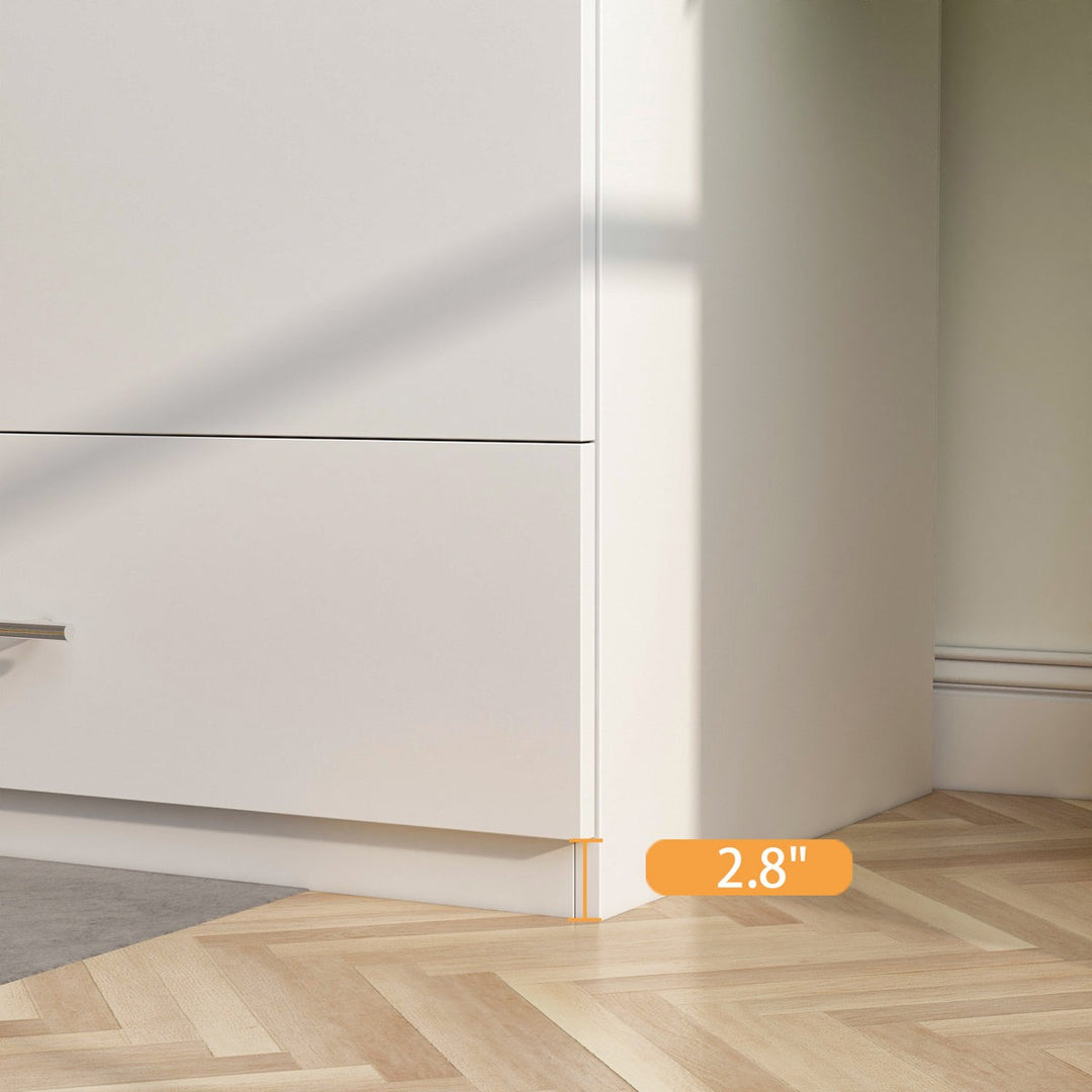 Close-up of a white wardrobe with a measurement label indicating 2.8 inches on a wooden floor.