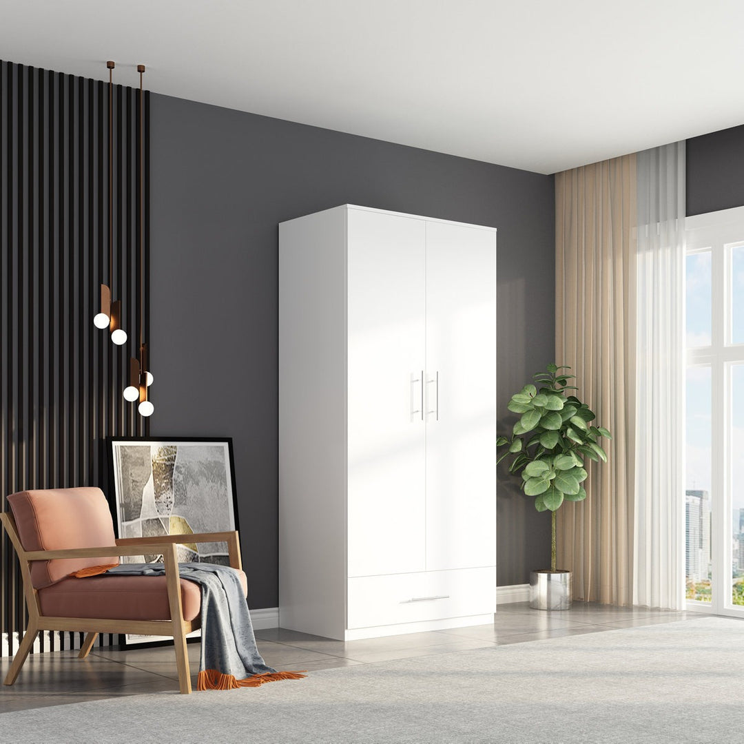 Modern room interior with a white wardrobe, chair, and decorative elements.