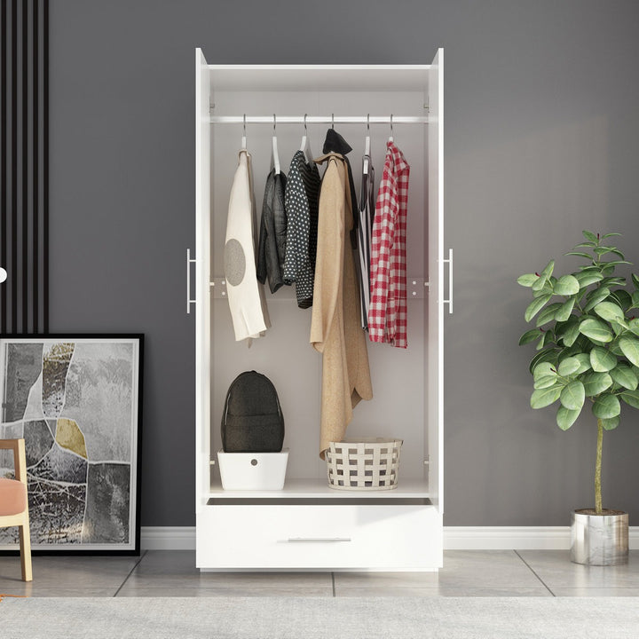 White 2-door wardrobe with clothes and a plant in a room with a gray wall and abstract art.