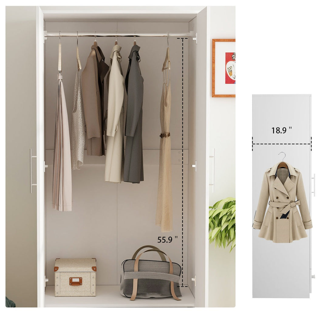 White closet with hanging clothes and a measuring chart on a white background
