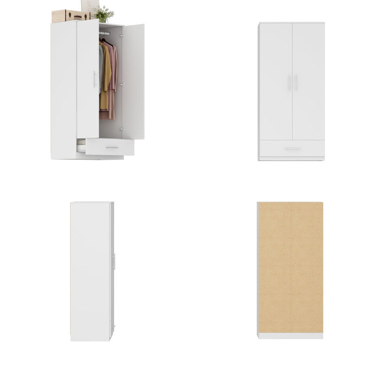 White kitchen cabinets with open door showing interior, on a white background