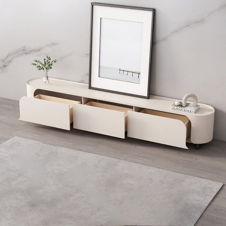 white stylish tv unit with open drawers