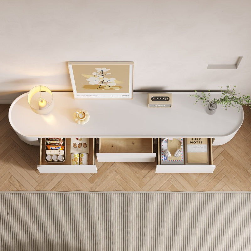 top view of white tv unit with open drawers to show internal space