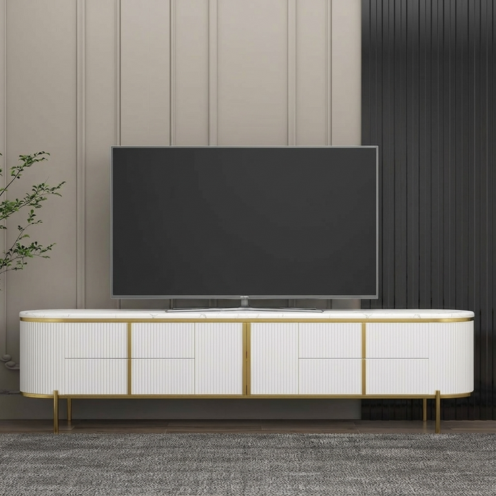 Modern white TV stand for living room with a television on a neutral wall background. 