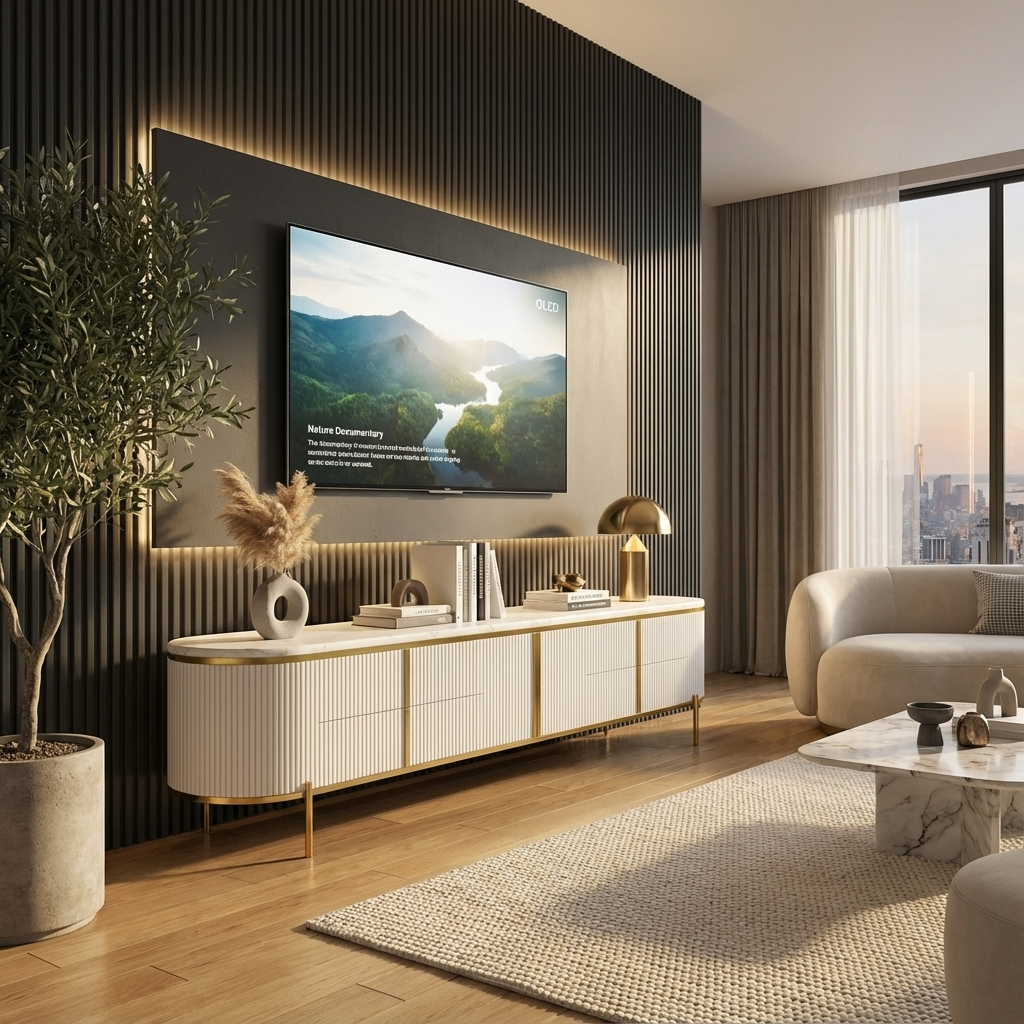Modern living room with a large TV mounted on the wall and a premium white tv stand with gold legs and handles