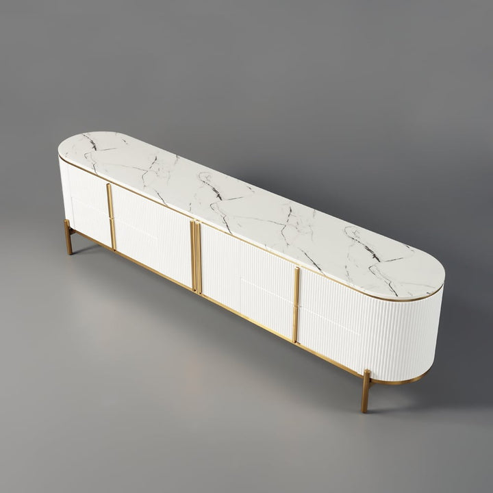 white premium tv stand with marble top, gold handles and legs in a white grey background