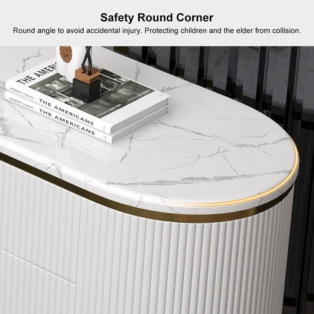 white pu finish premium tv stand with round corner for safety and elegant looks with marble top