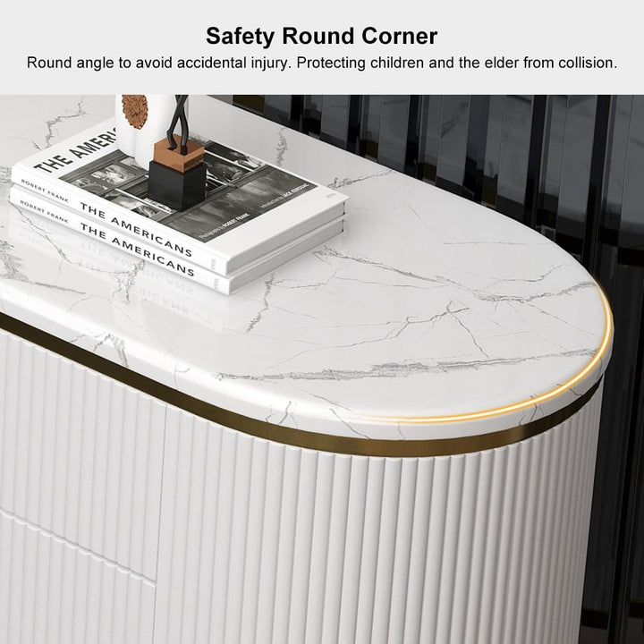 white pu finish premium tv stand with round corner for safety and elegant looks with marble top
