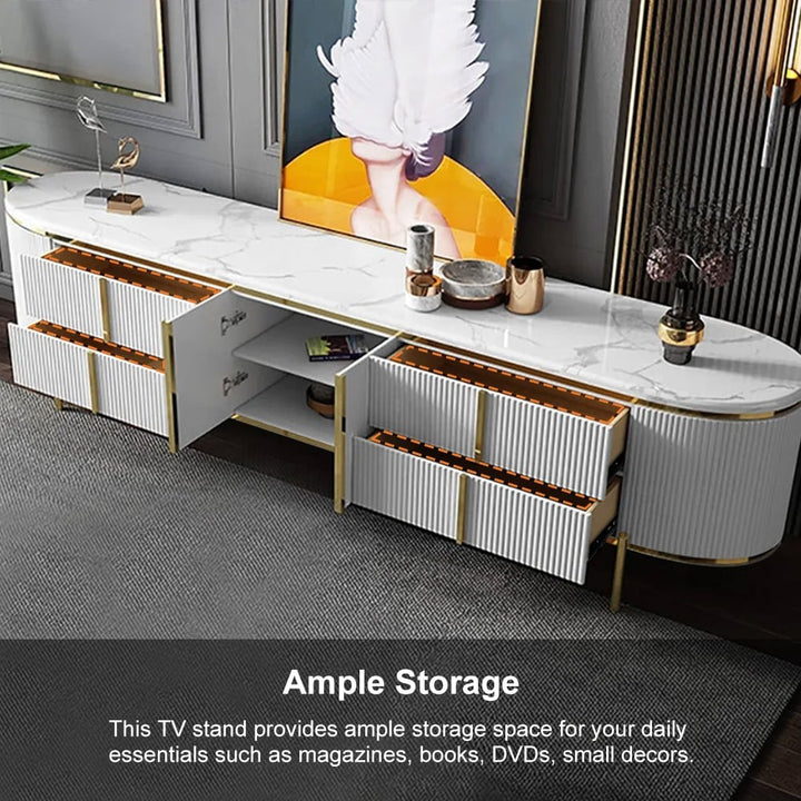 Modern TV unit with 4 drawers and doors offer ample storage space. 