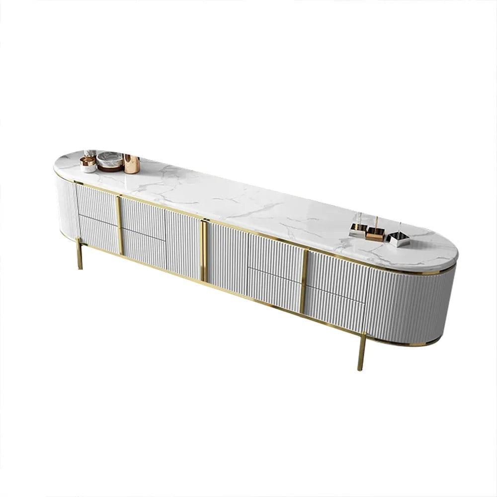 Elegant white pu finish tv unit with gold accent and marble top for living room
